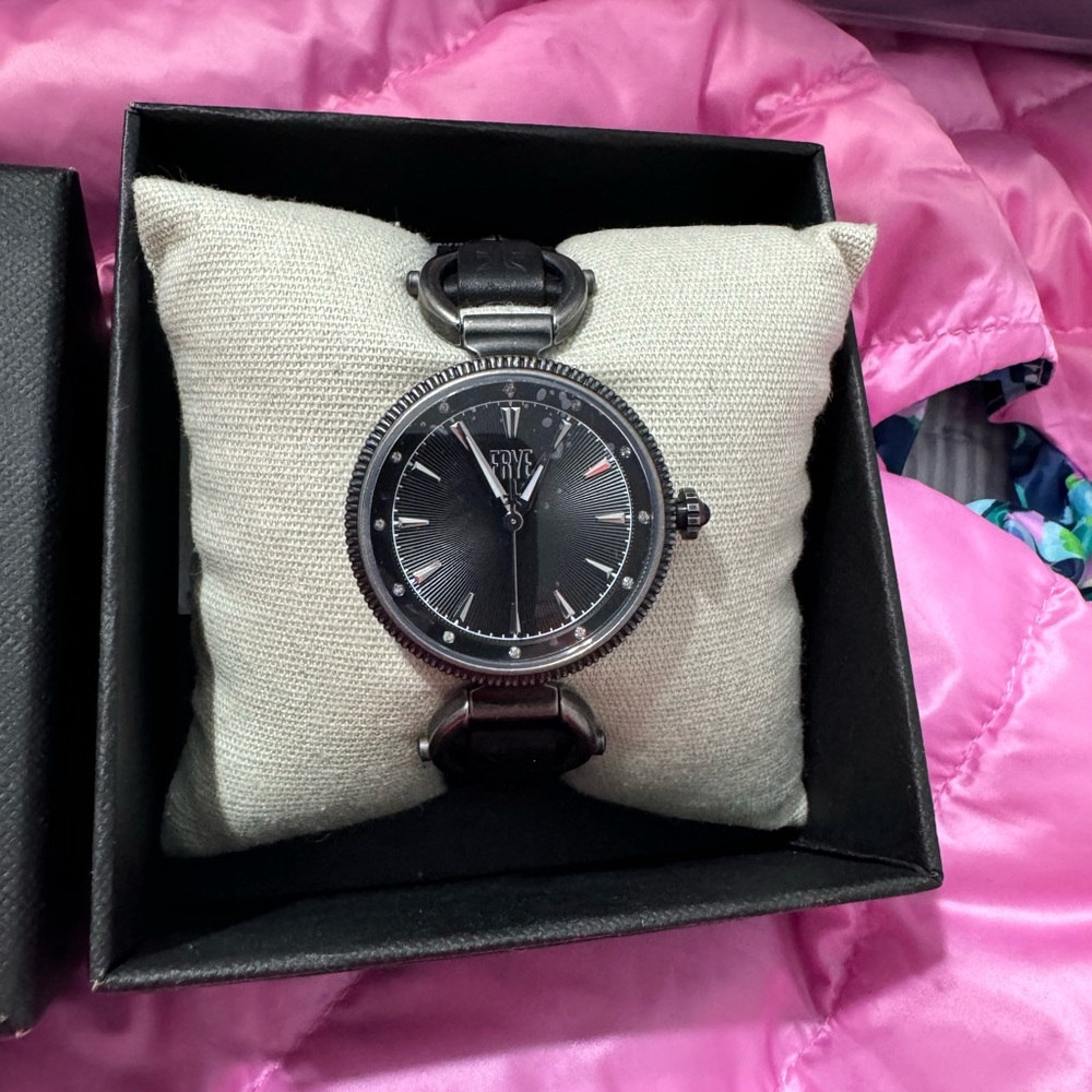 Frye watch black leather. Antiqued gunmetal hardware NIB